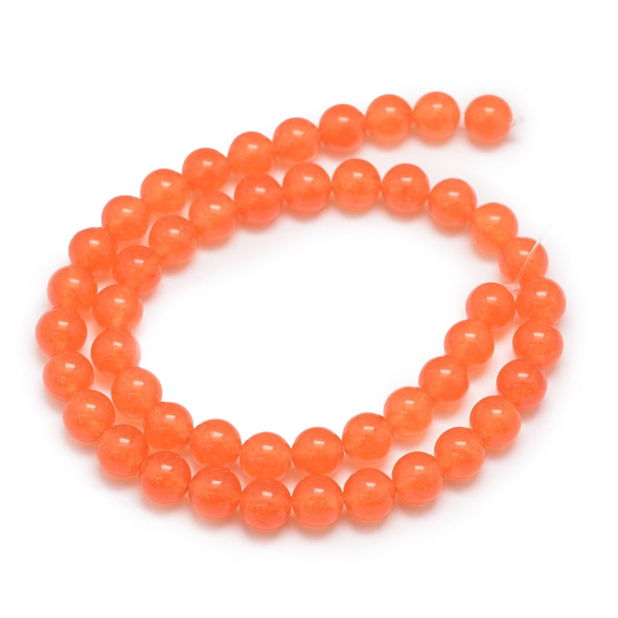 Tomato Jade Beads, Round, Orange Color. Semi-Precious Gemstone Beads for Jewelry Making.  Size:  8mm in Diameter; Hole: 1mm, approx. 48pcs/strand, 14.5" Inches Long.  6mm in Diameter, Hole: 0.8mm; approx. 62-64pcs/strand, 14.5" Inches Long.  Material: Malaysia Jade Beads, dyed orange color. Polished, Shinny Finish.