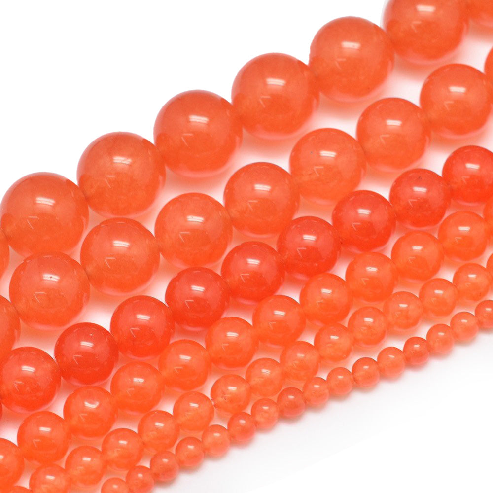 Tomato Jade Beads, Round, Orange Color. Semi-Precious Gemstone Beads for Jewelry Making.  Size:  8mm in Diameter; Hole: 1mm, approx. 48pcs/strand, 14.5" Inches Long.  6mm in Diameter, Hole: 0.8mm; approx. 62-64pcs/strand, 14.5" Inches Long.  Material: Malaysia Jade Beads, dyed orange color. Polished, Shinny Finish.