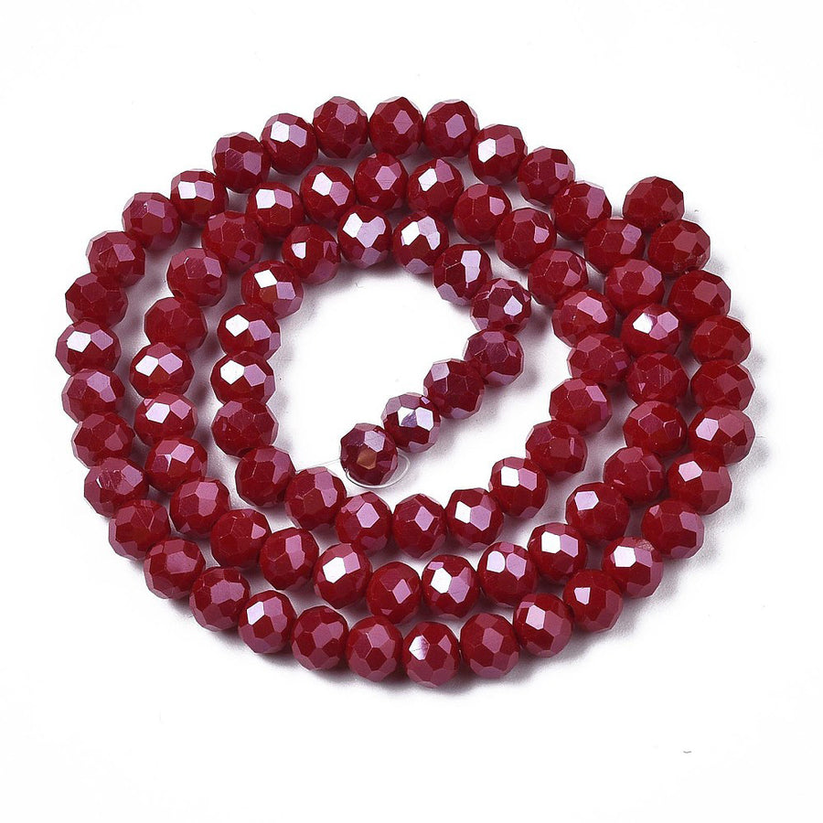 Opaque Glass Beads, Faceted, Pearl Luster Plated Dark Red Color, Rondelle, Glass Crystal Beads for Jewelry Making.&nbsp;

Size: 4mm Length, 3mm Width, Hole: 1mm; approx. 92pcs/strand, 13.75" inches long.

Material: The Beads are Made from Glass. Electroplated Crystal Imitation&nbsp;Glass Beads, Rondelle, Opaque Red Colored Beads. Polished, Shinny Finish.&nbsp;