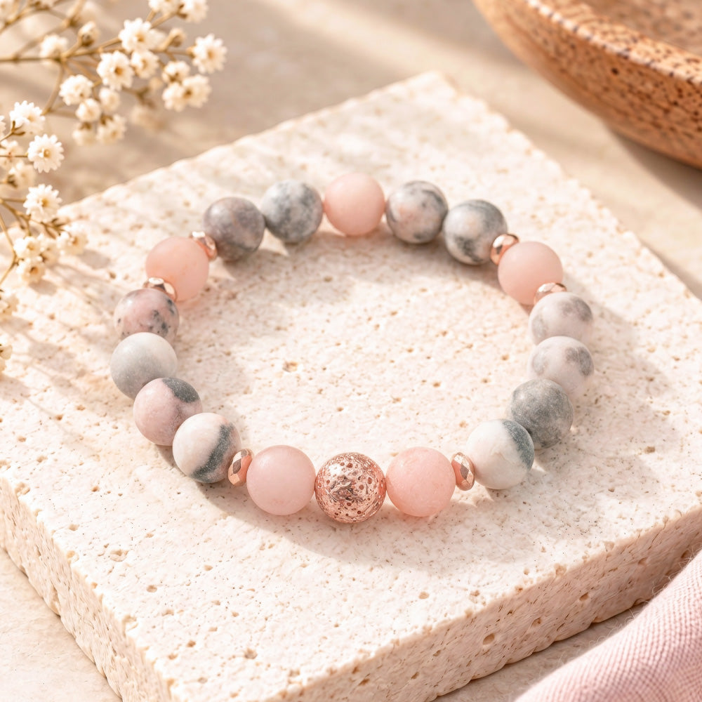 Pink Zebra Jasper, Sunstone &amp; Rose Gold Lava Bead Bracelet