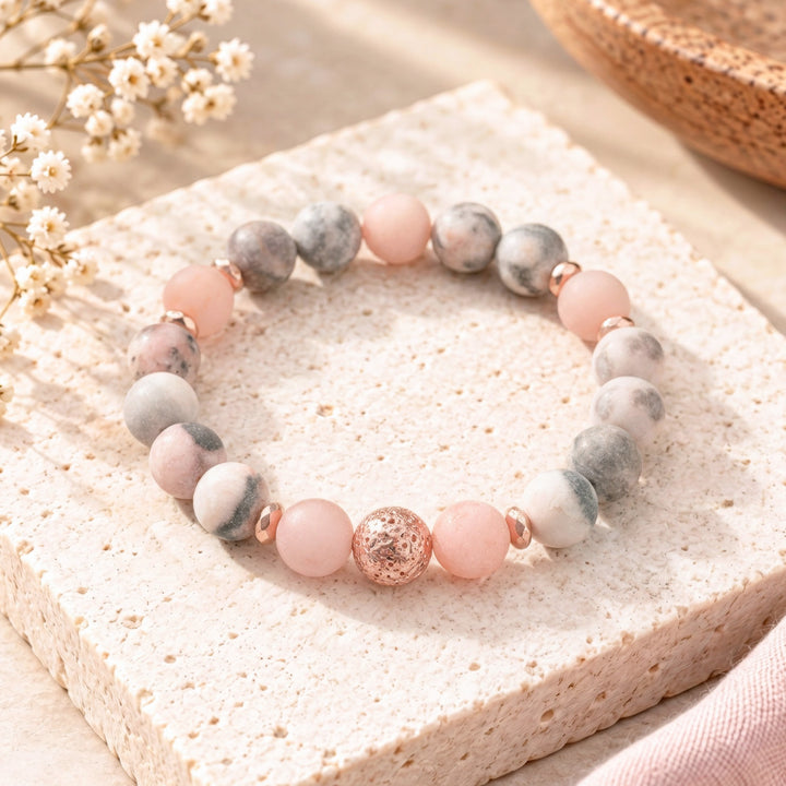 Pink Zebra Jasper, Sunstone &amp; Rose Gold Lava Bead Bracelet