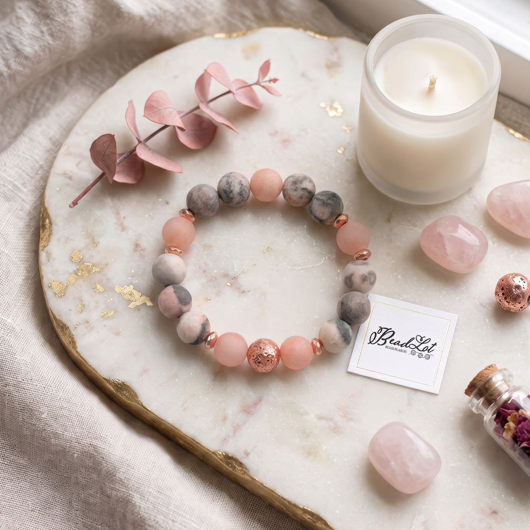 Pink Zebra Jasper, Sunstone &amp; Rose Gold Lava Bead Bracelet