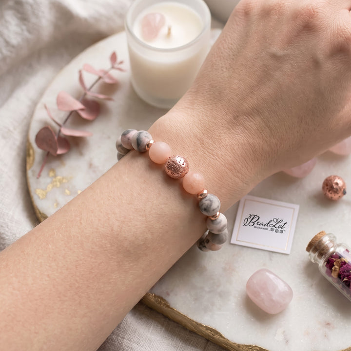 Pink Zebra Jasper, Sunstone &amp; Rose Gold Lava Bead Bracelet