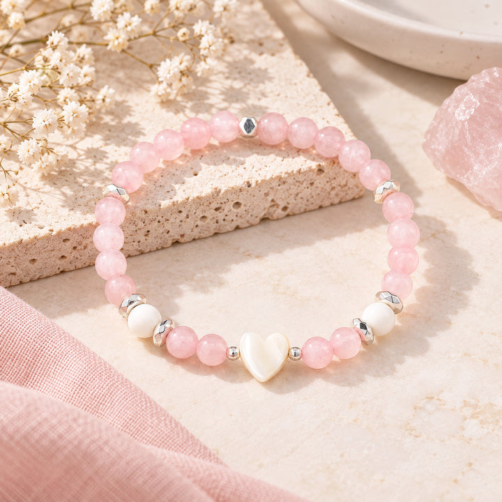 Rose Quartz, Shell Pearl Heart Charm Beaded Bracelet
