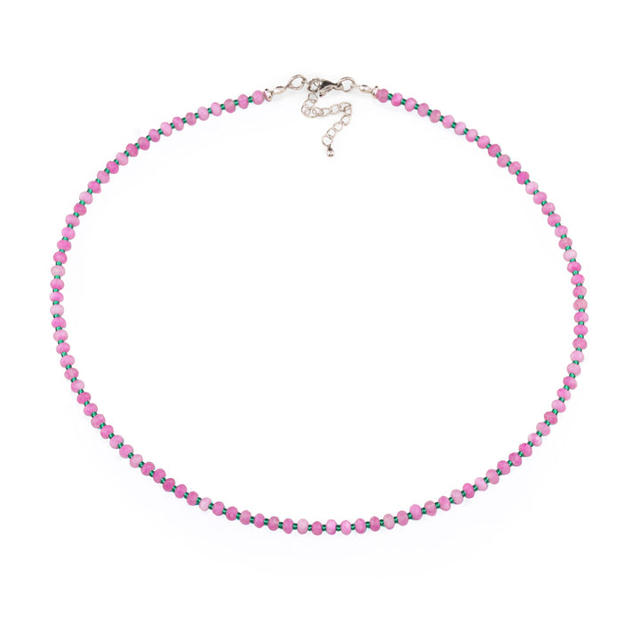 Stylish beaded gemstone necklace featuring 4x3mm pink and white jade rondelle beads paired with size 11/0 Czech seed beads in turquoise green. Perfect for everyday wear or evening occasions, and makes a thoughtful gift for friends and family. Includes a 2" chain extender and silver lobster clasp for secure fastening and adjustable fit.