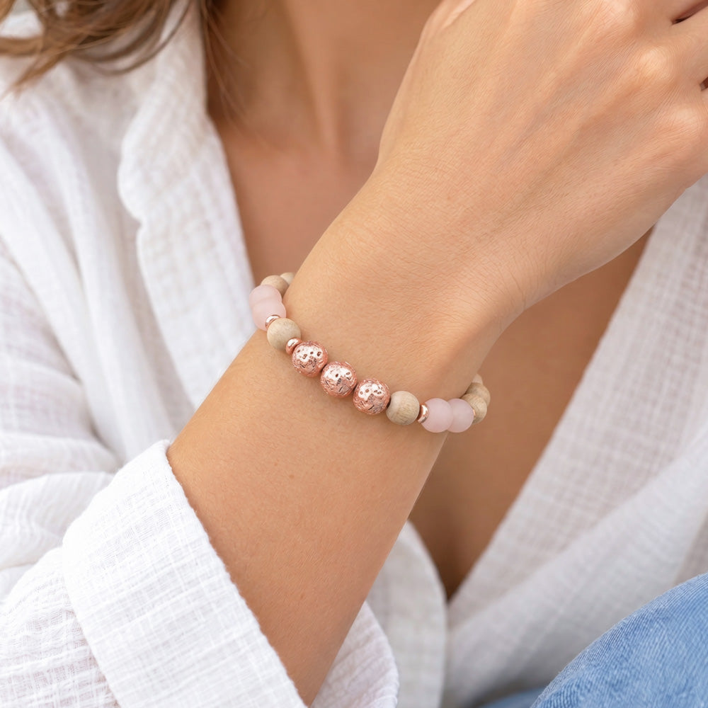 Rose Gold Lava Bead, Sunstone &amp; Burlywood Beaded Bracelet