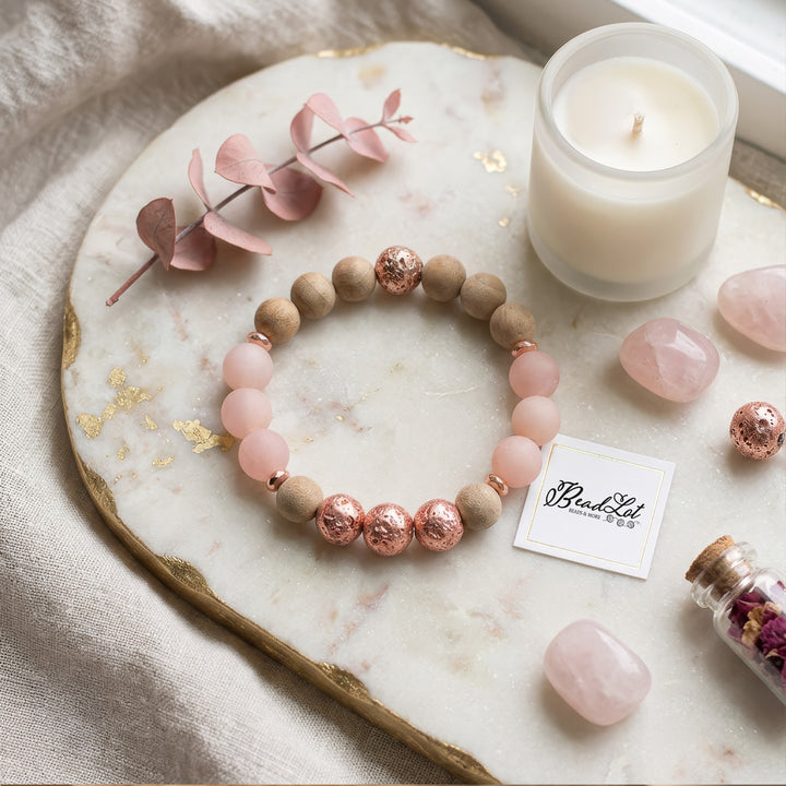 Rose Gold Lava Bead, Sunstone &amp; Burlywood Beaded Bracelet