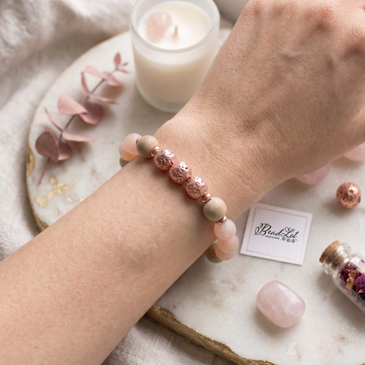 Rose Gold Lava Bead, Sunstone &amp; Burlywood Beaded Bracelet