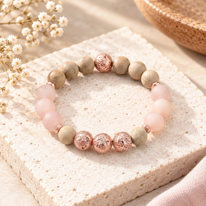 Rose Gold Lava Bead, Sunstone &amp; Burlywood Beaded Bracelet
