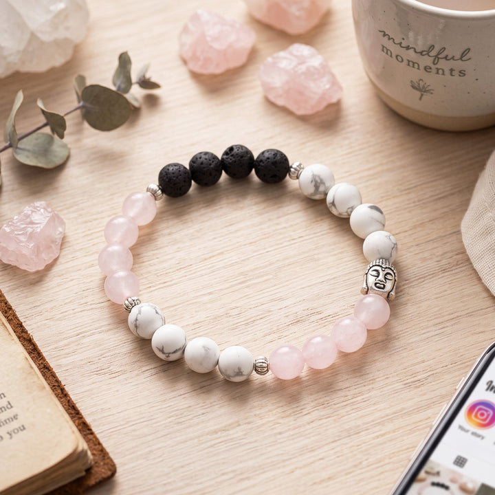 White Howlite, Rose Quartz, Lava Bead Buddha Beaded Bracelet