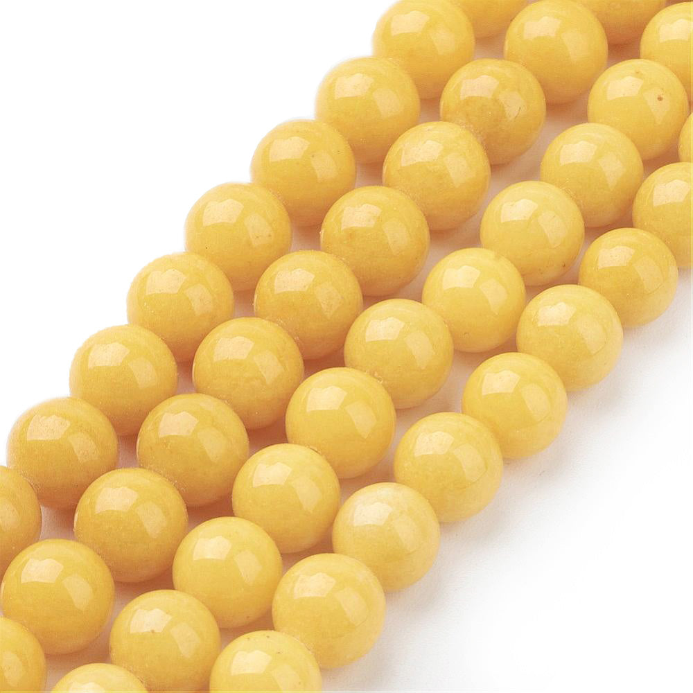 Yellow Jade Beads, round opaque yellow gemstone beads; perfect for jewelry making.   Sizes:  8mm Diameter, Hole: 1mm; approx. 48pcs/strand, 15" inches long.  6mm Diameter, Hole: 1mm; approx. 68pcs/strand, 15" inches long.  4mm Diameter, Hole: 1mm; approx. 91pcs/strand, 15" inches long.  Material: The Beads are Mashan Jade, Dyed Yellow Jade Beads. Polished Finish.  