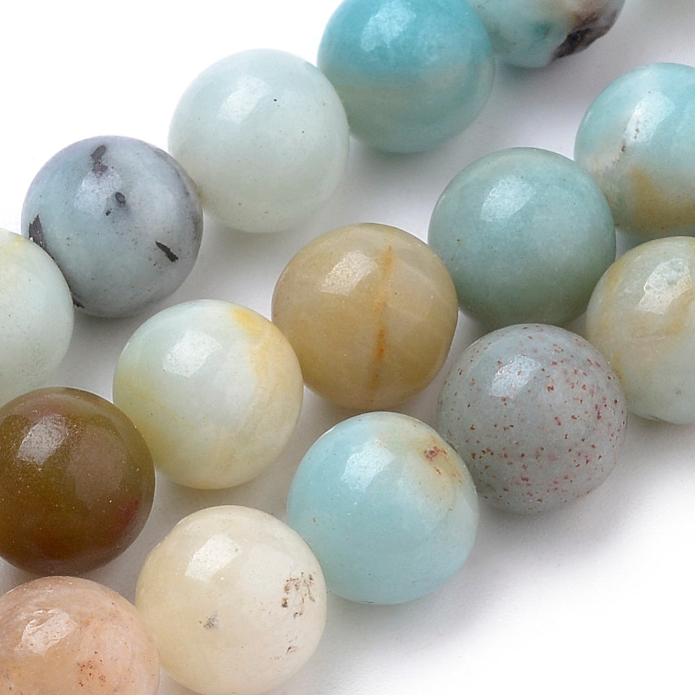 Natural Amazonite Beads, Round, Multi-Color. Semi-Precious Amazonite Beads for DIY Jewelry Making.   Size: 10mm Diameter, Hole: 1mm, approx. 38-40pcs/strand, 15" inches long.  Material: Genuine Natural Multi-Colored Amazonite, Loose Stone Beads, Multi-Color, Polished, Shinny Finish.   Amazonite Properties: Amazonite Beads are known as the Stone of Hope. It is Believed to have a Soothing Effect on the Nervous System. Amazonite is also Associated with Money, Luck and Overall Success. 