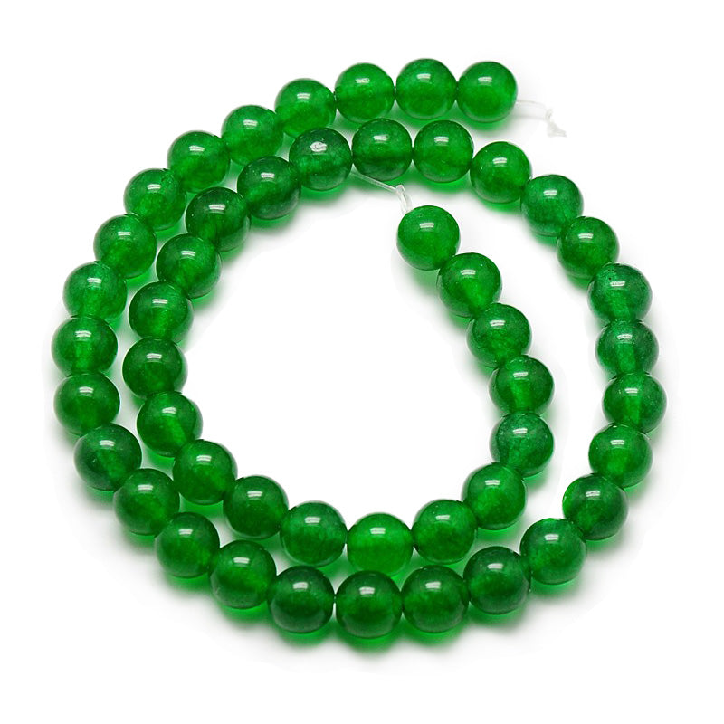 Green Jade Beads, Round, Dark Green Color. Semi-Precious Gemstone Beads for DIY Jewelry Making. Great for Mala Bracelets.  Size: 10mm Diameter, Hole: 1mm; approx. 38pcs/strand, 15 Inches Long.  Material: Natural Malaysia Jade Beads. Dyed, Deep Green Color. Polished, Shinny Finish. 