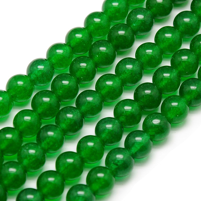 Green Jade Beads, Round, Dark Green Color. Semi-Precious Gemstone Beads for DIY Jewelry Making. Great for Mala Bracelets.  Size: 10mm Diameter, Hole: 1mm; approx. 38pcs/strand, 15 Inches Long.  Material: Natural Malaysia Jade Beads. Dyed, Deep Green Color. Polished, Shinny Finish. 