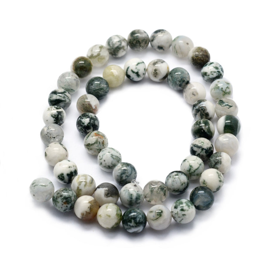 Tree Agate Beads, Round, Green and White Multi-Color. Semi-Precious Gemstone Beads for Jewelry Making.   Size: 10mm Diameter, Hole: 1.2mm; approx. 36-37pcs/strand, 14" Inches Long.  Material: The Beads are Natural Tree Agate, Multi-Color, Forest Green Color with White and Brown Markings. Polished Finish.