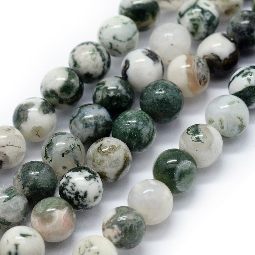 Tree Agate Beads, Round, Green and White Multi-Color. Semi-Precious Gemstone Beads for Jewelry Making.   Size: 10mm Diameter, Hole: 1.2mm; approx. 36-37pcs/strand, 14" Inches Long.  Material: The Beads are Natural Tree Agate, Multi-Color, Forest Green Color with White and Brown Markings. Polished Finish.