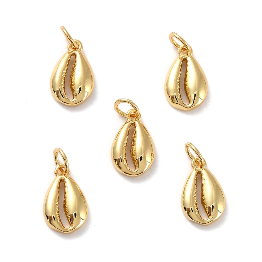18K Gold Plated Brass Shell Shaped Charms for DIY Jewelry Making.  Size: 10mm Length; 6-6.5mm Width; 2.5mm Thick; Hole: 2mm, 1pcs/package.  Material: Brass Charms Nickel Free, 18K Gold Plated Charms. Gold Tarnish Resistant Charms.