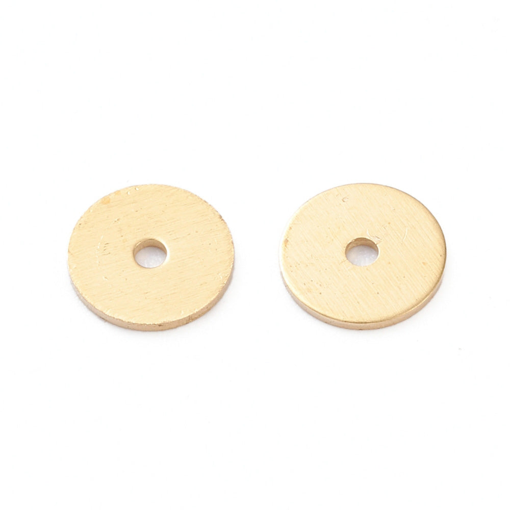 Brass Spacer Beads, Flat, Round, Disc Shape, Real 18K Gold Plated Disc Beads.   Size: 6mm Diameter, 0.5mm Thick, Hole: 1mm, approx. 100pcs/bag.  Material: Brass Spacers, Flat, Round Spacer Beads. 18k Gold Plated Brass Disc Spacer Beads, Shinny Finish. Tarnish Resistant Disc Beads