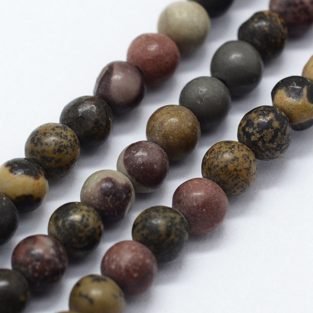 Natural Dendritic Jasper Beads, Round, Dark Multi Color. Semi-Precious Gemstone Beads for Jewelry Making. Affordable High Quality Beads, Great for Stretch Bracelets. Size: 8mm Diameter, Hole: 0.8mm; approx. 47pcs/strand, 14.75" inches long. Material: The Beads are Natural Dendritic Jasper Stone. Polished, Shinny Finish. Bead Lot. Beadlot, beadlotcanada. www.beadlot.com