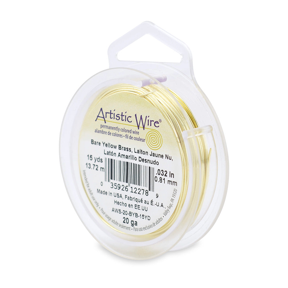 Bare Yellow Brass Craft Wire for DIY Jewelry Making and Wire Wrapping Projects.  Size: 20 Gauge (0.81mm) Brass Craft Wire, 15 yd/13.7m Length.  Color: Yellow Gold   Material: Bare Yellow Brass Wire  Brand: Artistic Wire