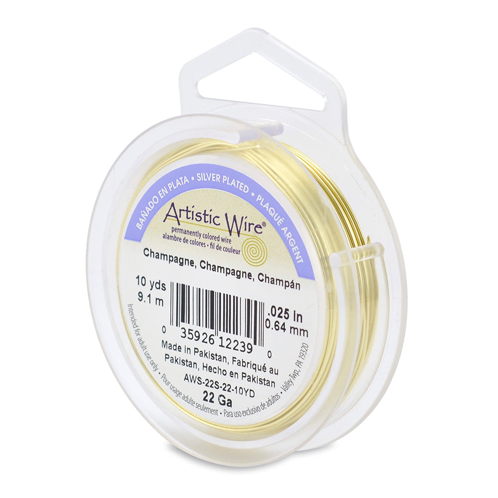Tarnish Resistant Champagne Colored Silver Plated Copper Craft Wire for DIY Jewelry Making and Wire Wrapping Projects.  Size: 22 Gauge (0.64mm) Silver Plated Copper Craft Wire, 10 yd/9.1m Length.  Color: Champagne  Material: Silver Plated Copper Wire, Colored Champagne Color. Tarnish Free.  Brand: Artistic Wire