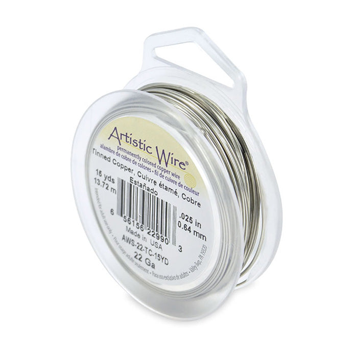 Tinned Copper Craft Wire for DIY Jewelry Making and Wire Wrapping Projects.  Size: 22 Gauge (0.64mm) Copper Craft Wire, 15 yd/13.7m Length.  Color: Silver  Material: Tinned Copper Wire, Plated Silver Color.  Brand: Artistic Wire