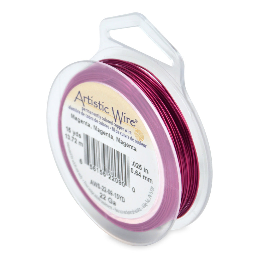 Tarnish Resistant Magenta Colored Copper Craft Wire for DIY Jewelry Making and Wire Wrapping Projects.  Size: 22 Gauge (0.64mm) (.025 inch) Copper Craft Wire, 15 yd/13.7m Length.  Color: Black  Material: Copper Wire, Colored Magenta Color. Tarnish Free.  Brand: Artistic Wire