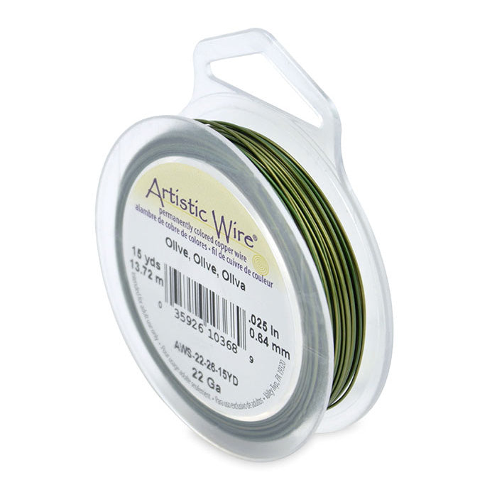 Tarnish Resistant Olive Green Colored Copper Craft Wire for DIY Jewelry Making and Wire Wrapping Projects.  Size: 22 Gauge (0.64mm) (.025 inch) Copper Craft Wire, 15 yd/13.7m Length.  Color: Olive  Material: Copper Wire, Colored Olive Green Color.  Brand: Artistic Wire