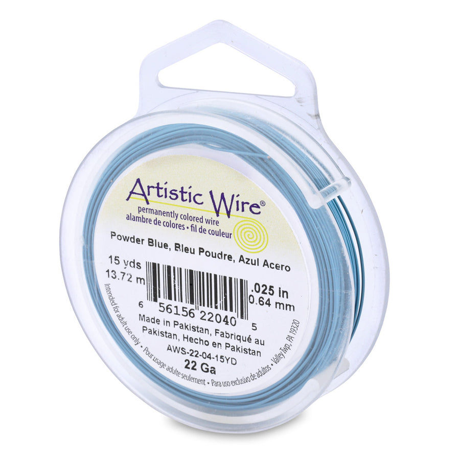 Tarnish Resistant Powder Blue  Colored Copper Craft Wire for DIY Jewelry Making and Wire Wrapping Projects.  Size: 22 Gauge (0.64mm) (.025 inch) Copper Craft Wire, 15 yd/13.7m Length.  Color: Powder Blue  Material: Copper Wire, Colored Light Powdered Blue Color. Tarnish Free.  Brand: Artistic Wire
