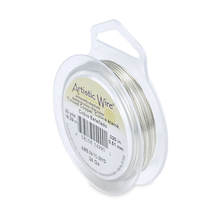 Tinned Copper Craft Wire for DIY Jewelry Making and Wire Wrapping Projects.  Size: 24 Gauge (0.51mm) Copper Craft Wire, 20 yd/18.2m Length.  Color: Silver  Material: Tinned Copper Wire, Plated Silver Color.  Brand: Artistic Wire