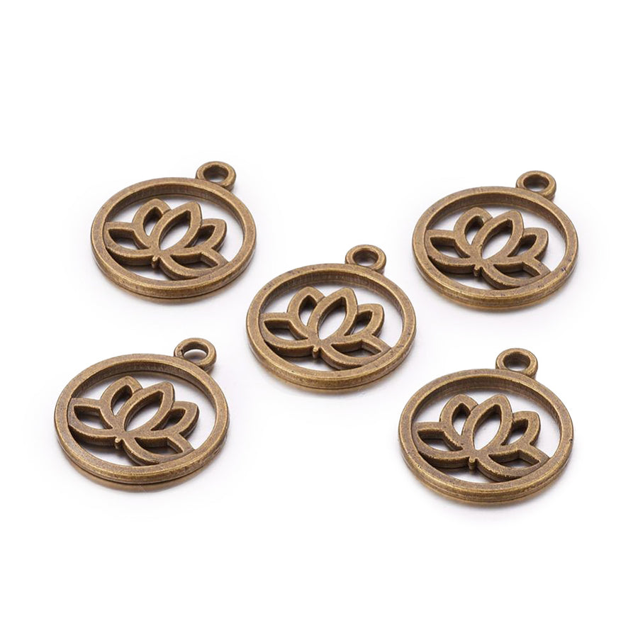Flat Round Bronze Color Lotus Charm Pendant for DIY Jewelry Making Projects.   Size: 20mm Diameter, 24mm Length, Hole: 2.3mm, 1pcs  Material: Flat Round Charm with Yoga Lotus Design. Antique Bronze Color. 