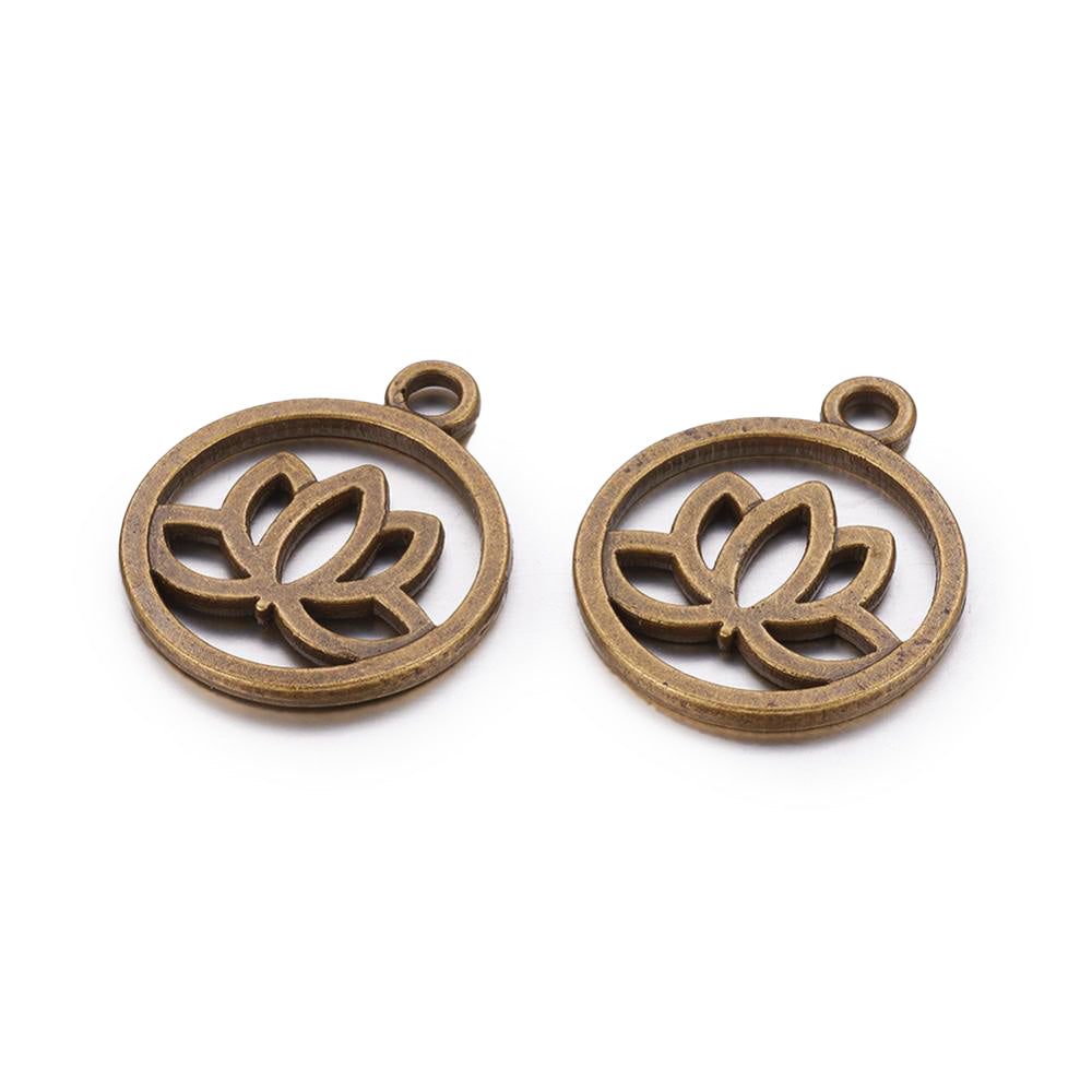 Flat Round Bronze Color Lotus Charm Pendant for DIY Jewelry Making Projects.   Size: 20mm Diameter, 24mm Length, Hole: 2.3mm, 1pcs  Material: Flat Round Charm with Yoga Lotus Design. Antique Bronze Color. 