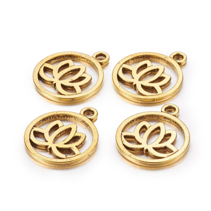 Flat Round Gold Color Lotus Charm Pendant for DIY Jewelry Making Projects.   Size: 20mm Diameter, 24mm Length, Hole: 2.3mm, 1pcs  Material: Flat Round Charm with Yoga Lotus Design. Antique Gold Color. 