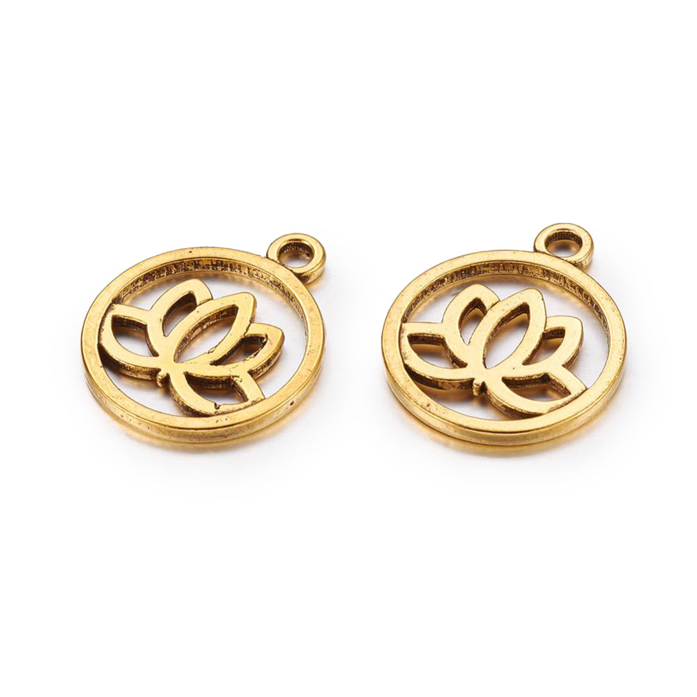 Flat Round Gold Color Lotus Charm Pendant for DIY Jewelry Making Projects.   Size: 20mm Diameter, 24mm Length, Hole: 2.3mm, 1pcs  Material: Flat Round Charm with Yoga Lotus Design. Antique Gold Color. 
