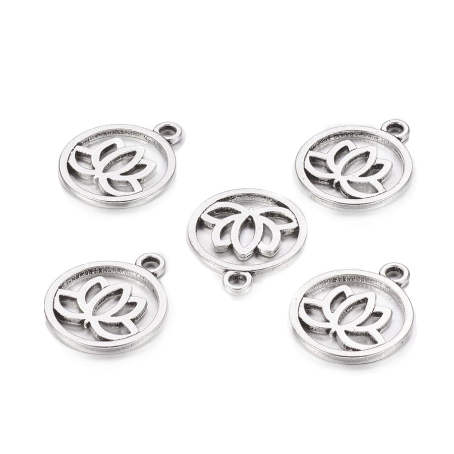Flat Round Silver Color Lotus Charm Pendant for DIY Jewelry Making Projects.   Size: 20mm Diameter, 24mm Length, Hole: 2.3mm, 1pcs  Material: Flat Round Charm with Yoga Lotus Design. Antique Silver Color. 