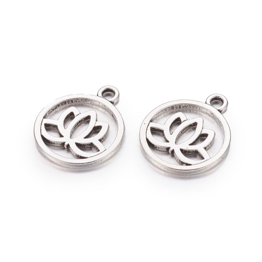 Flat Round Silver Color Lotus Charm Pendant for DIY Jewelry Making Projects.   Size: 20mm Diameter, 24mm Length, Hole: 2.3mm, 1pcs  Material: Flat Round Charm with Yoga Lotus Design. Antique Silver Color. 