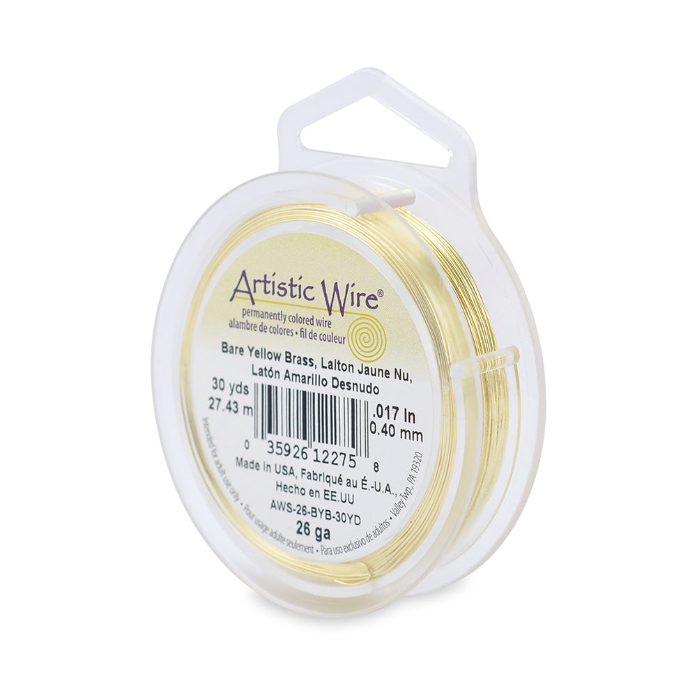 Bare Yellow Brass Craft Wire for DIY Jewelry Making and Wire Wrapping Projects.  Size: 26 Gauge (0.41mm) Brass Craft Wire, 30 yd/27.4m Length.  Color: Yellow Gold   Material: Bare Yellow Brass Wire  Brand: Artistic Wire