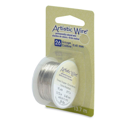 Tinned Copper Craft Wire for DIY Jewelry Making and Wire Wrapping Projects.  Size: 26 Gauge (0.41mm) Copper Craft Wire, 15 yd/13.7m Length.  Color: Silver  Material: Tinned Copper Wire, Plated Silver Color.  Brand: Artistic Wire