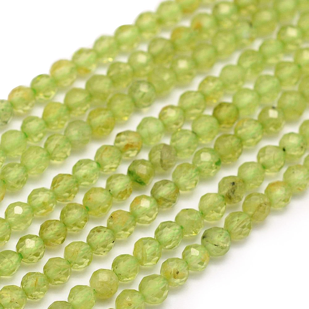 Faceted Peridot Beads, Round, Green Color. Semi-Precious Stone Beads for DIY Jewelry.  Size: 2mm Diameter, Hole: 0.5mm; approx. 210-220pcs/strand, 15" Inches Long.  Material: Genuine Natural Faceted Peridot Beads, Green Color. Polished Finish.