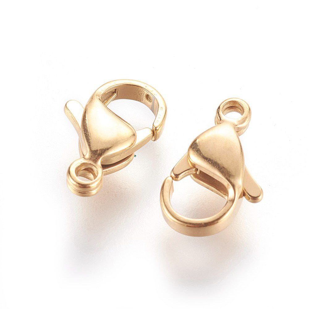 Stainless Steel Real 24K Gold Plated Lobster Claw Clasp for DIY Jewelry Making.  Size: 12x7mm, Hole: 1.2mm, Qty: 10 pcs/package  Material: 304 Stainless Steel, Real 24K Gold Plated Lobster Clasps. Tarnish Resistant Clasps.  Usage: These Clasp are used to finish of jewelry.