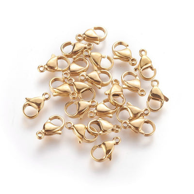 Stainless Steel Real 24K Gold Plated Lobster Claw Clasp for DIY Jewelry Making.  Size: 12x7mm, Hole: 1.2mm, Qty: 10 pcs/package  Material: 304 Stainless Steel, Real 24K Gold Plated Lobster Clasps. Tarnish Resistant Clasps.  Usage: These Clasp are used to finish of jewelry.