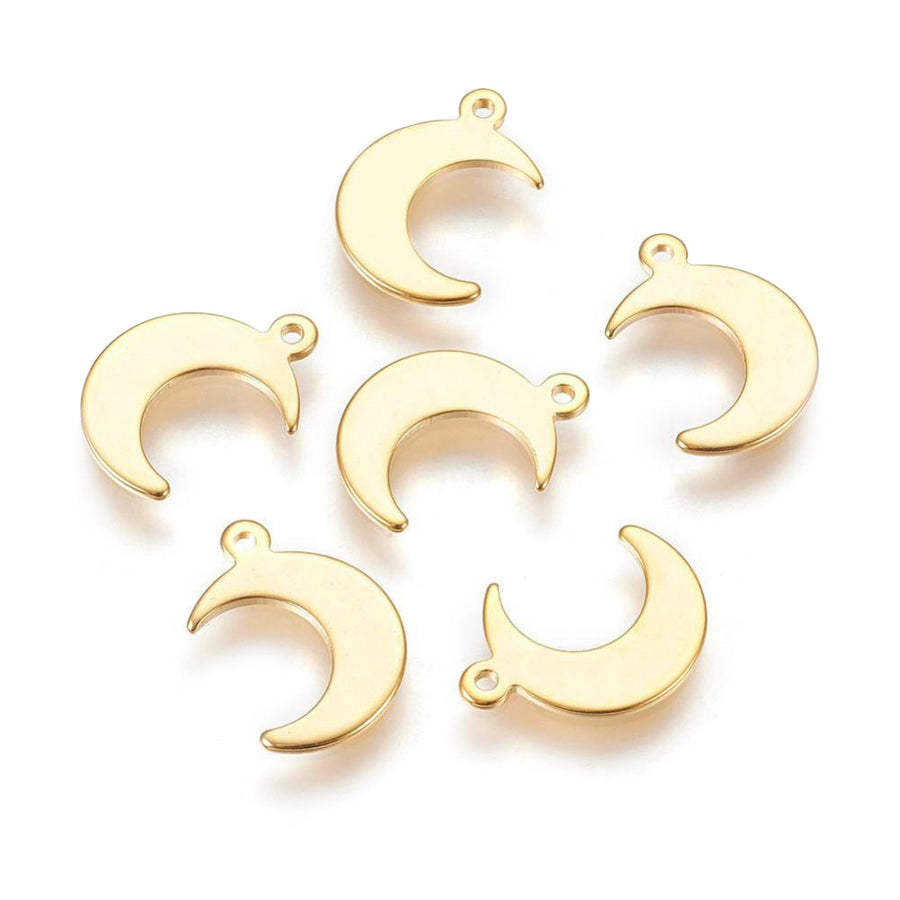 304 Stainless Steel Moon Shaped Charms for DIY Jewelry Making.  Size: 15mm Length; 11mm Width; 1mm Thick; Hole: 1mm, 1pcs/package.  Material: 304 Stainless Steel Charms. Gold Color Pendant Charms.