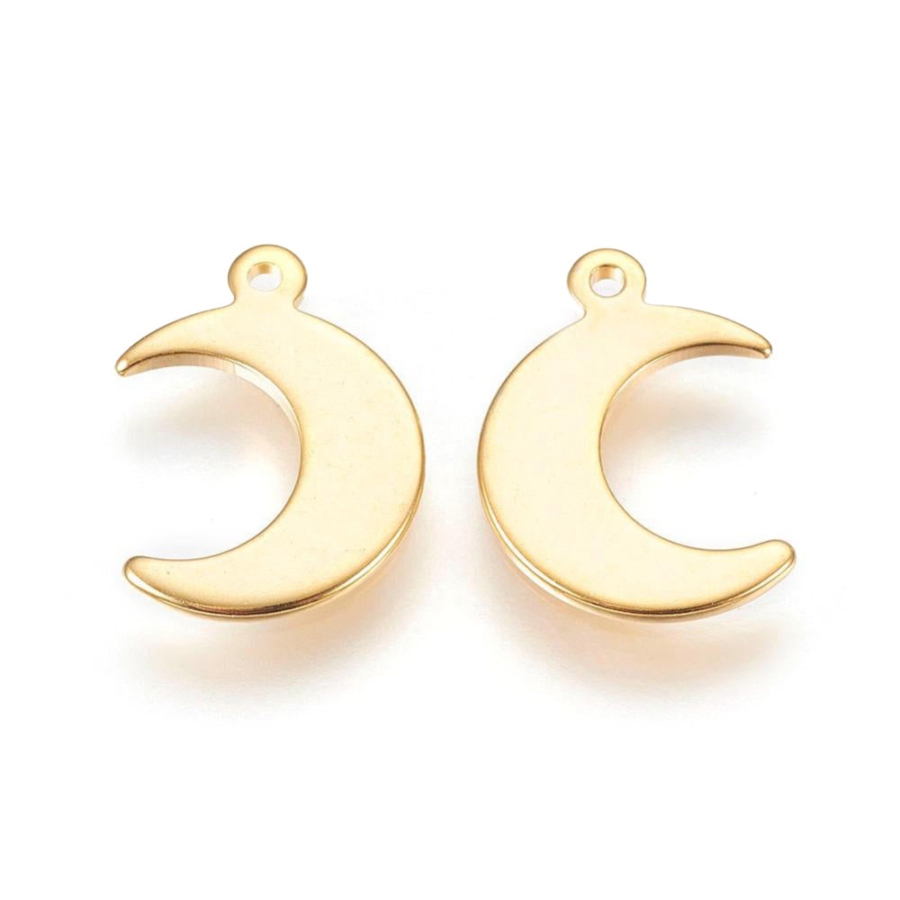 304 Stainless Steel Moon Shaped Charms for DIY Jewelry Making.  Size: 15mm Length; 11mm Width; 1mm Thick; Hole: 1mm, 1pcs/package.  Material: 304 Stainless Steel Charms. Gold Color Pendant Charms.