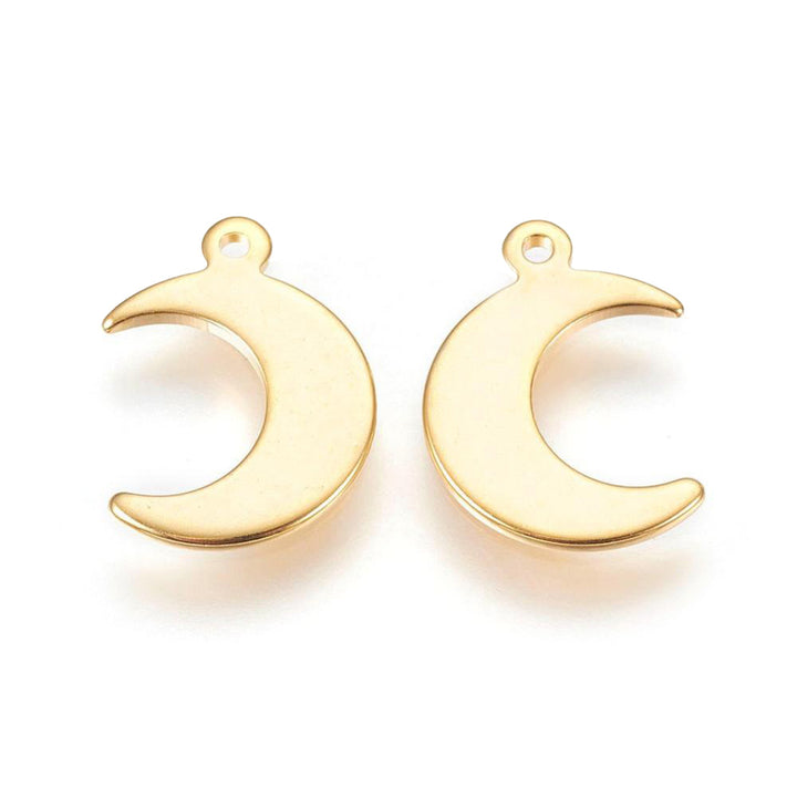 304 Stainless Steel Moon Shaped Charms for DIY Jewelry Making.  Size: 15mm Length; 11mm Width; 1mm Thick; Hole: 1mm, 1pcs/package.  Material: 304 Stainless Steel Charms. Gold Color Pendant Charms.