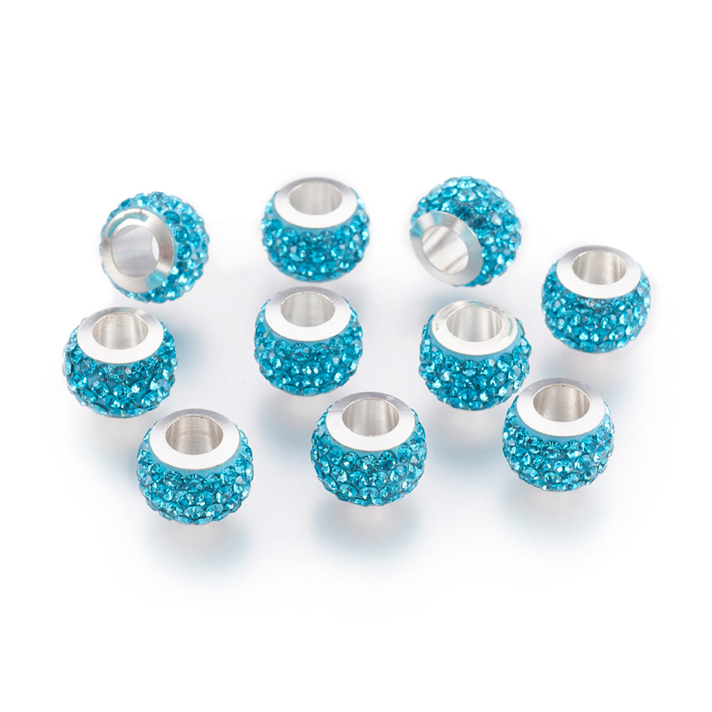 304 Stainless Steel European Large Hole Focal Beads. Rhinestone Spacer Beads, Rondelle, Aquamarine Blue Colored Large Hole Beads. Add Some Shine and Sparkle to Your Creations.  Size: 11mm Diameter, 7.5mm Wide, Hole Size: 5mm, approx. 5pcs/bag.  Material: 304 Stainless Steel Polymer Clay Rhinestone Beads, Large Hole Beads, Rondelle, Aquamarine Color. Cyan Blue. Shiny, Sparkling Finish.