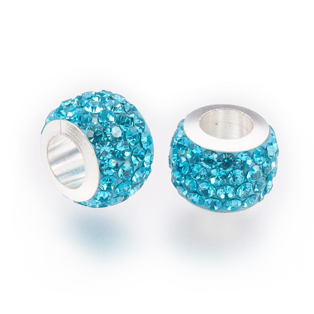 304 Stainless Steel European Large Hole Focal Beads. Rhinestone Spacer Beads, Rondelle, Aquamarine Blue Colored Large Hole Beads. Add Some Shine and Sparkle to Your Creations.  Size: 11mm Diameter, 7.5mm Wide, Hole Size: 5mm, approx. 5pcs/bag.  Material: 304 Stainless Steel Polymer Clay Rhinestone Beads, Large Hole Beads, Rondelle, Aquamarine Color. Cyan Blue. Shiny, Sparkling Finish.