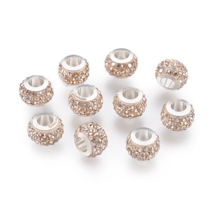 304 Stainless Steel European Large Hole Focal Beads. Rhinestone Spacer Beads, Rondelle, Champagne Colored Large Hole Beads. Add Some Shine and Sparkle to Your Creations.  Size: 11mm Diameter, 7.5mm Wide, Hole Size: 5mm, approx. 5pcs/bag.  Material: 304 Stainless Steel Polymer Clay Rhinestone Beads, Large Hole Beads, Rondelle, Champagne Color.  Beige. Shiny, Sparkling Finish.