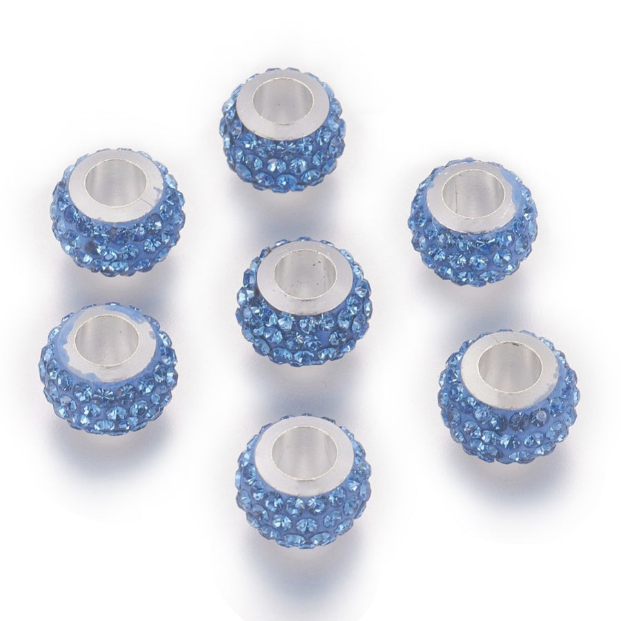 304 Stainless Steel European Large Hole Focal Beads. Rhinestone Spacer Beads, Rondelle, Light Sapphire Blue Colored Large Hole Beads.  Size: 11mm Diameter, 7.5mm Wide, Hole Size: 5mm, approx. 5pcs/bag.  Material: 304 Stainless Steel Polymer Clay Rhinestone Beads, Large Hole Beads, Rondelle, Blue Color. Shiny, Sparkling Finish.