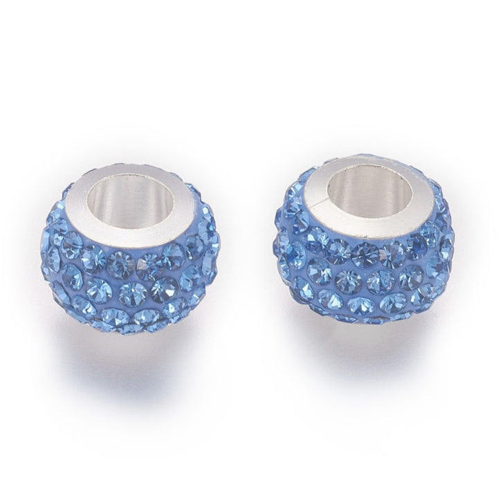 304 Stainless Steel European Large Hole Focal Beads. Rhinestone Spacer Beads, Rondelle, Light Sapphire Blue Colored Large Hole Beads.  Size: 11mm Diameter, 7.5mm Wide, Hole Size: 5mm, approx. 5pcs/bag.  Material: 304 Stainless Steel Polymer Clay Rhinestone Beads, Large Hole Beads, Rondelle, Blue Color. Shiny, Sparkling Finish.