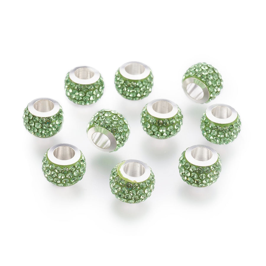 304 Stainless Steel European Large Hole Focal Beads. Rhinestone Spacer Beads, Rondelle, Peridot Green Colored Large Hole Beads. Add Some Shine and Sparkle to Your Creations.  Size: 11mm Diameter, 7.5mm Wide, Hole Size: 5mm, approx. 5pcs/bag.  Material: 304 Stainless Steel Polymer Clay Rhinestone Beads, Large Hole Beads, Rondelle, Peridot Green Color. Shiny, Sparkling Finish.